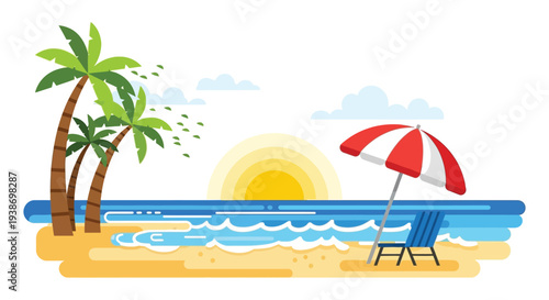A serene beach scene with a red and white umbrella and a blue lounge chair at sunset