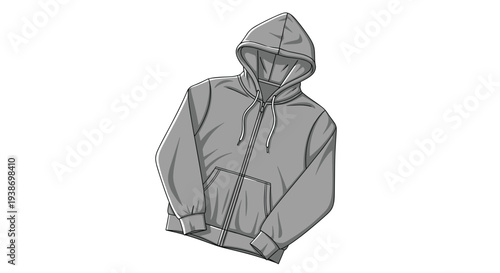 A gray zippered hoodie, complete with a full-length zipper and two front pockets, is presented in a slightly tilted isometric illustration on a pristine white background.