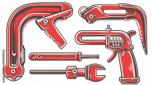 Illustration of several different construction tools, including wrenches, clamps, and a sprayer, in bold red