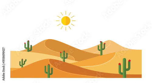 A vibrant desert landscape with cacti and sand dunes under a bright sunny sky