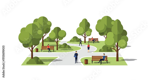 A serene park scene with people walking and sitting on benches surrounded by lush green trees.