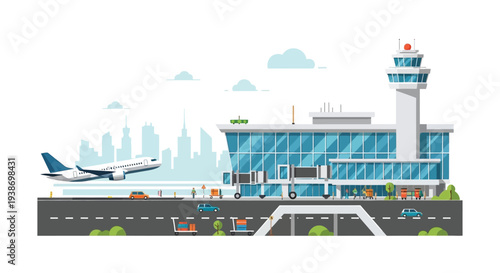 A vibrant illustration of a modern airport with a plane taking off in the background.