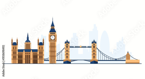An illustration of the London skyline featuring Big Ben and Westminster Bridge against a white background
