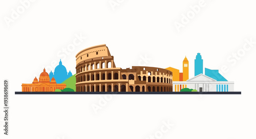 A colorful illustration of famous landmarks from around the world in a cityscape