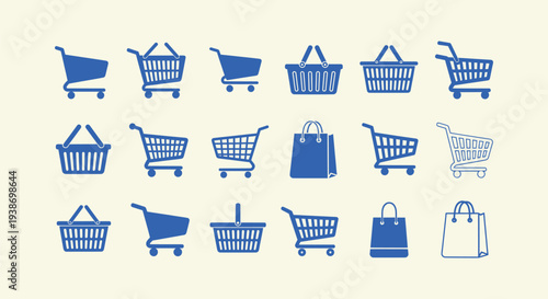 Set of Flat Blue Vector Icons Representing Shopping Carts Wire Baskets and Paper Bags for Retail.