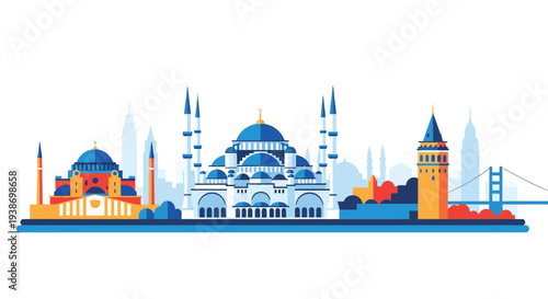 A vibrant illustration of a city skyline with iconic mosques and a bridge