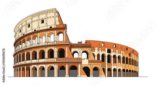 The ancient Colosseum stands majestically against a plain white background in this vibrant illustration.