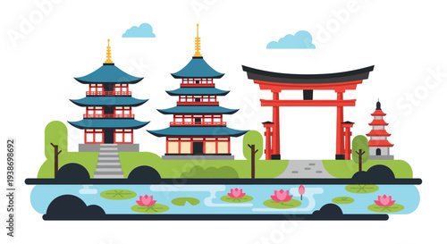 A serene Japanese landscape featuring traditional pagoda buildings and a tranquil pond with lotus flowers.