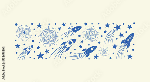 Blue Space Rocket and Star Illustration Pattern Banner for Science Celebration Background Graphic.