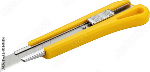 A sharp metal utility knife with a bright yellow plastic handle featuring a retractable blade and metallic slider for cutting and crafting tasks cutter box cutter craft knife transparent background