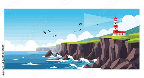 A serene lighthouse stands on a rocky cliff overlooking the ocean with birds flying by.