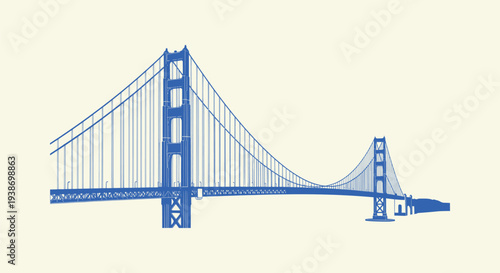 Blue Stylized Silhouette Illustration of a Famous San Francisco Suspension Bridge Iconic Landmark