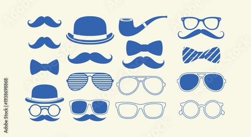 Set of Vintage Gentleman Fashion Icons with Mustaches Bowties Glasses and Bowler Hats for Design.