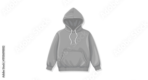 A neatly laid out gray pullover hoodie, featuring a large kangaroo pocket and white drawstrings, is depicted in a flat lay illustration on a pristine white background.