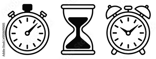 Stopwatch, hourglass, and blue alarm clock icon set, time management symbols, deadline tracking, productivity control, and schedule reminder