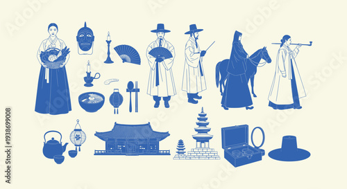 Korean Traditional Culture Set with Hanbok People Pagoda Hanok House and Cultural Icons in Blue
