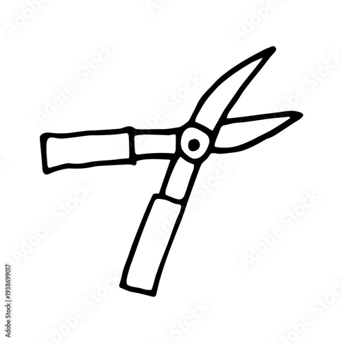 Cute black and white doodle element hedge trimmers, pruning scissors. Hand-drawn vector line art  on white background isolated.