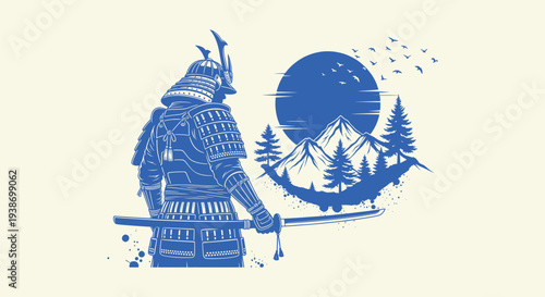 Monochromatic Blue Illustration of a Samurai Holding a Katana with Mountains and Pine Trees Behind