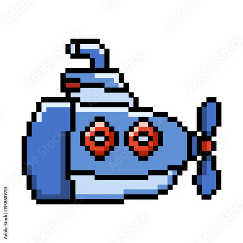 Flat Design Pixel Art Blue Submarine Illustration