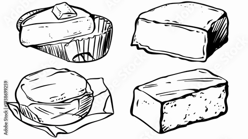 Four pieces of varying cheese, rendered in black and white illustration style, isolated on white background