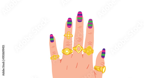 An open, relaxed hand, adorned with seven distinct gold rings and featuring bold horizontally striped fingernails, is depicted in an illustration on a pristine white background.