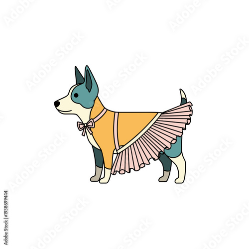 Cute dog wearing pink tutu dress for funny pet costume and dance illustration