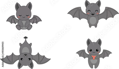 Four cute cartoon gray bats are displayed in different playful poses against a clean white background for design.