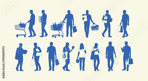 Shopping People Silhouettes Collection with Customers Carrying Bags and Pushing Carts Design.
