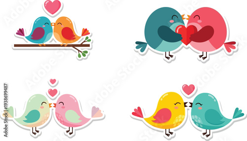 Four charming cartoon illustrations depict pairs of colorful birds expressing affection with hearts and kisses.