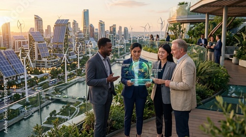Diverse business team analyzing a futuristic global renewable energy hologram in a sustainable smart city