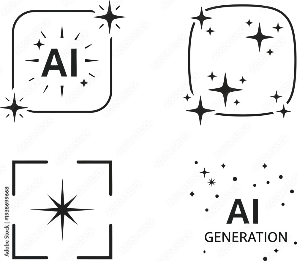 Fototapeta premium A collection of black and white icons represents artificial intelligence generation processes and digital enhancements.