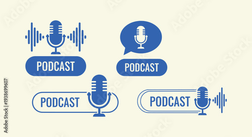 Set of blue podcast logo icons with microphone and sound wave symbols for audio broadcast media.
