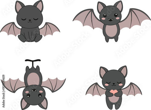 Collection of four cute cartoon baby bats shows different endearing poses including hanging upside down and holding a.