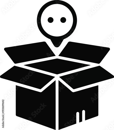 Abstract concept icon shows a person emerging from an open delivery box indicating customer feedback or unboxing.