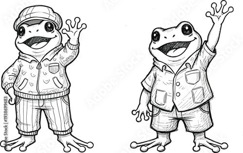 Two friendly cartoon frogs wearing casual summer clothing wave cheerfully as happy characters.
