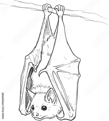 A detailed line drawing depicts a small fruit bat hanging upside down from a slender tree branch.