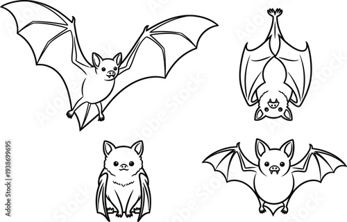 Four simple line art bats illustrate various poses including flying and resting upside down for design projects.