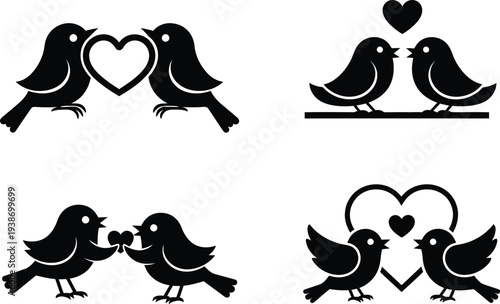 Four black silhouette icons illustrate the concept of romantic devotion between charming little birds sharing love.
