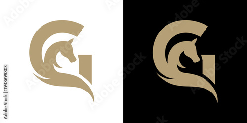 A sophisticated logo design featuring a stylized gold horse head seamlessly integrated into the letter 'G'. The design is presented against both white and black backgrounds, offering versatility.