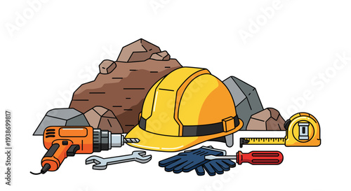 A yellow hard hat is surrounded by brown and grey rocks, an orange drill, a silver wrench, blue gloves, and a red screwdriver on a white background.