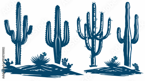 Silhouetted illustration of different cactus plants, in varying forms, against a white background
