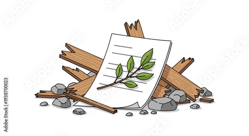 A green leafy branch lies on a crumpled white paper, surrounded by a scattered pile of broken wooden planks and grey rocks on a clean white background.