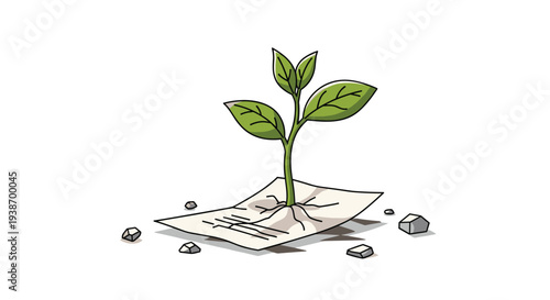 A small green sprout with two main leaves emerges from a crumpled white paper with faint lines, surrounded by a few grey rocks on a clean white background.