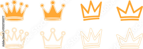 Orange crown vector set with different styles including flat filled and outline versions for royal branding