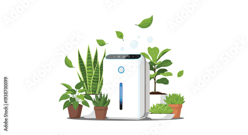 A white air purifier with a blue light stands amidst various potted green plants, with several green leaves and bubbles floating above on a clean white background.