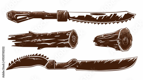 Artistic depiction of cutting tools with a wood grain texture and matching wooden log segments