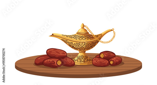 A golden ornate genie lamp with a chain rests on a round wooden table, surrounded by a scattered pile of brown dates on a clean white background.