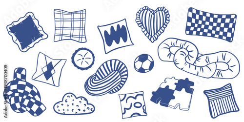 Set of pillows with minimalist blue line designs. Soft pillows for sleeping, hand drawn contour pillows, doodle. Bedroom decor. Cozy pillows for the bed and sofa. Vector illustration.