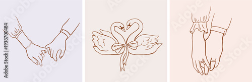 Wedding hand drawn whimsical drawings of two swan and couple holding hands. Elegant vintage romantic design