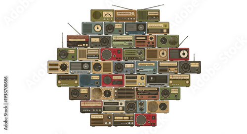 A dense collection of over forty vintage radio sets is meticulously arranged to form a large, roughly circular shape against a plain white background.